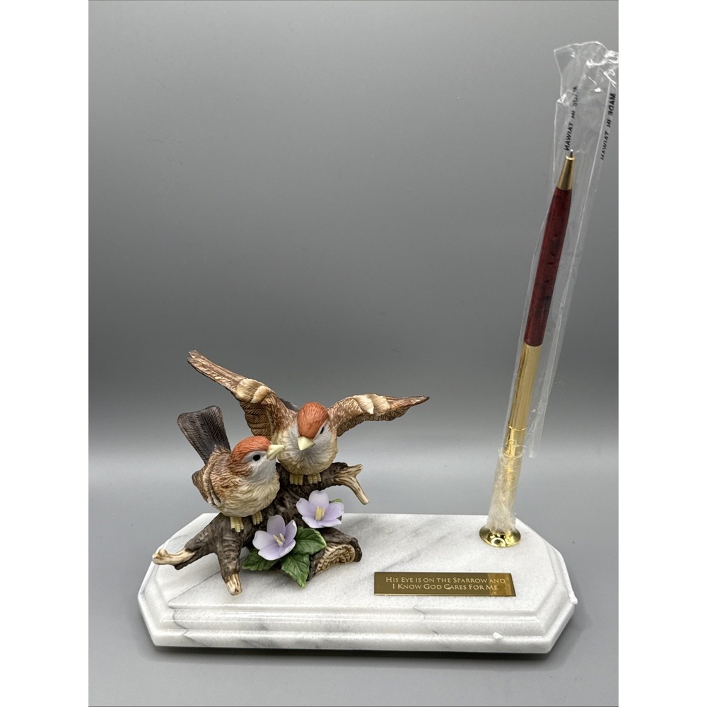 Vintage Porcelain Sparrows Pen Holder Marble Base Bible Verse "God Cares For Me"